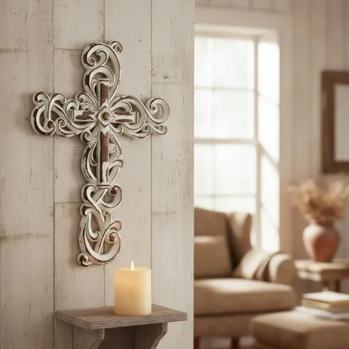 Miniatura 7 de Comfy Hour Cruz ornamentada para colgar en la pared, decoración religiosa dorada de estilo antiguo, placa de resina hueca con acabado artesanal