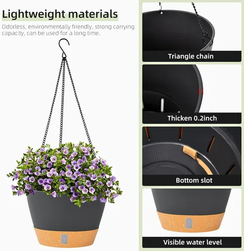 Miniatura 5 de QCQHDU Paquete de 2 macetas colgantes de 10 pulgadas para plantas de interior y exterior, cestas colgantes macetas de flores con bandeja de depósito