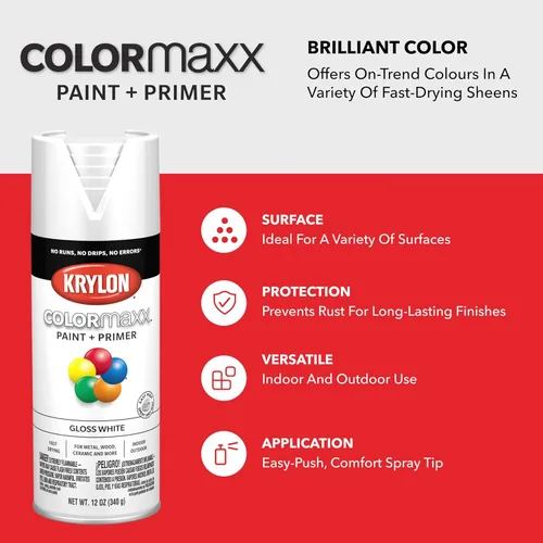 Miniatura 7 de Krylon K05545007 COLORmaxx Pintura en aerosol y base para uso en interiores y exteriores, color blanco brillante 12 onzas (paquete de 1)