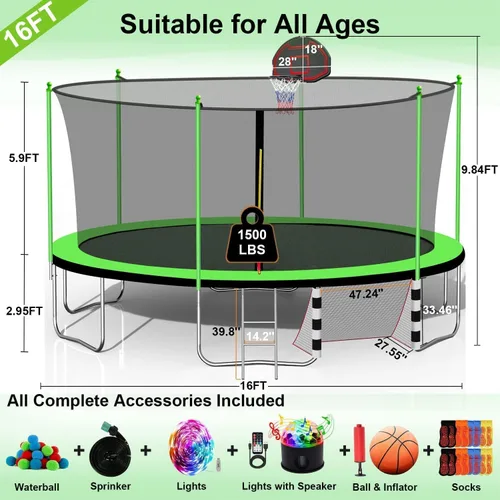 Miniatura 6 de Trampolín de 10 pies, 12 pies, 14 pies, 15 pies, 16 pies, para niños y adultos, trampolín al aire libre de 1500 libras con aro de baloncesto, red