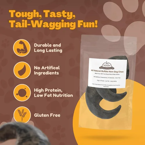 Miniatura 6 de WhiteTail Naturals - Cuernos de búfalo de agua para perros (paquete de 2 grandes) Hueso de perro totalmente natural - Hueso masticable de larga