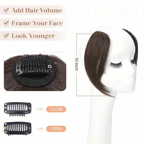 Miniatura 4 de Hairro Extensiones de flequillo lateral ondulado con clip, 100% cabello humano, 2 piezas con clip en la parte media, flequillo francés, lados