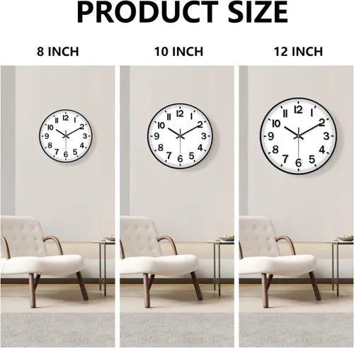 Miniatura 9 de Reloj de pared negro, reloj de pared de 8 pulgadas, funciona con pilas, redondo, moderno, sin tictac, silencioso, digital, analógico, pequeño, reloj