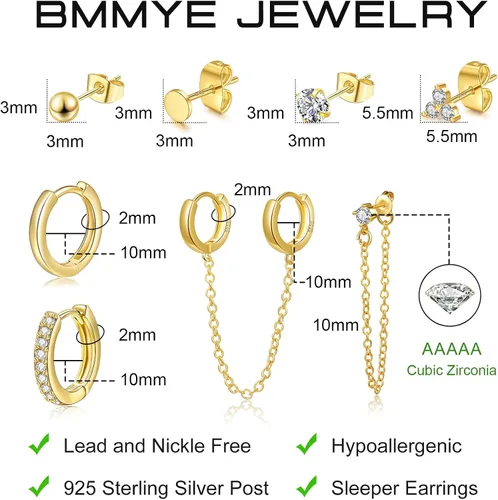 Miniatura 4 de Juegos de aretes de plata y oro para múltiples piercings, aretes de cartílago pequeños hipoalergénicos de plata de ley