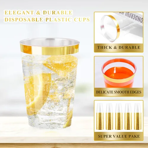 Miniatura 6 de Ciaell 120 vasos de plástico dorados – Vaso de plástico resistente de 12 onzas – Vasos desechables con borde dorado – Copa de borde dorado de alta
