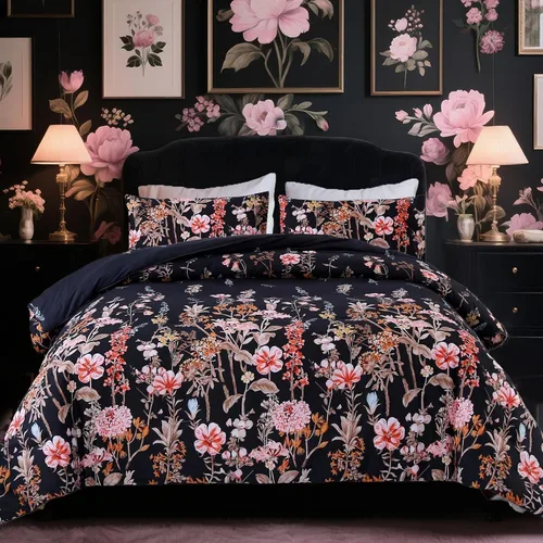 MAG Juego de edredón floral de 3 piezas, tamaño individual, juego de ropa de cama de microfibra con estampado de flores negras, para todas las