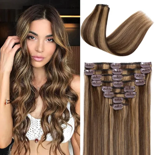 Miniatura 8 de S-noilite Extensiones de cabello humano con broches, extensiones de cabello humano corto con clip, trama estándar, 8 piezas, 18 clips, cabello