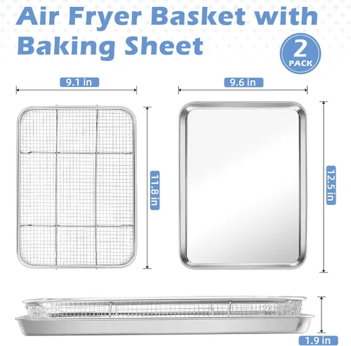 Miniatura 2 de TeamFar Cesta para freidora de aire para horno, juego de 2 cestas y bandeja de freidora de aire de acero inoxidable, estante para freidora de aire