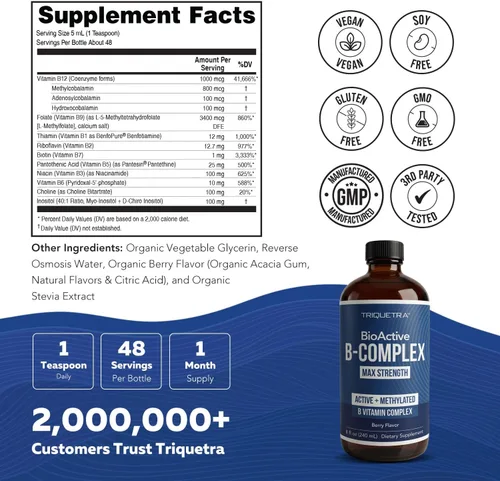 Miniatura 7 de BioActive Complejo de vitamina B, listo para el flujo sanguíneo, complejo B metilado, con metilfolato, 3 formas bioactivas de B12, BenfoPure® B1