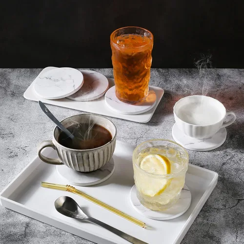 Miniatura 7 de Posavasos absorbentes para bebidas, juego de 6 posavasos de cerámica con soporte, posavasos duraderos para mesa de café con base de corcho