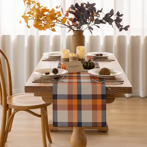 Keketoarrange Camino de mesa de otoño a cuadros, patrón de Acción de Gracias, cosecha de otoño, centro de mesa, decoración de mesa de fiesta,
