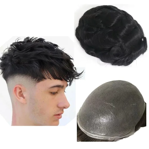 N.L.W. Prótesis de cabello humano europeo para hombre, toupee para hombres con piel fina transparente PU 10x8 tamaño base piezas de cabello humano