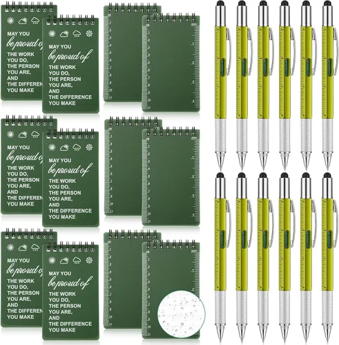 Cuaderno impermeable de 24 piezas con juego de bolígrafos multiherramienta que incluye 3 x 5 bloc de notas de bolsillo en espiral superior y Verde