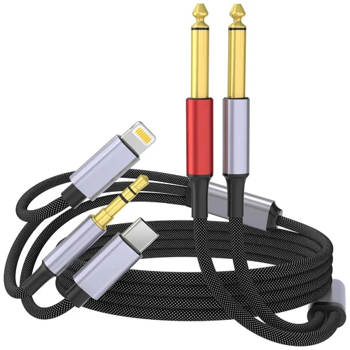 USB C 0.138 in y Lightning a Dual 0.250 in 1/4" TS Mono Stereo Y-Cable, 3 en 1 Dual 1/4 pulgadas Cable de audio compatible con
