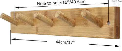Miniatura 5 de SKOLOO Perchero de Pared de Bambú Montado en la Pared, 16 Pulgadas de Agujero a Agujero, 5 Clavos de Bambú para Pared para Colgar Ropas, Batas