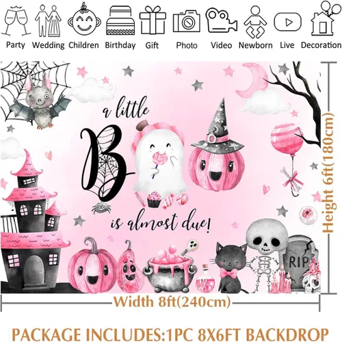 Miniatura 5 de Avezano A Little Boo is Almost Due - Telón de fondo para niña, 8 x 6 pies, color rosa, decoración de baby shower, fantasma, boo, fondo de fiesta