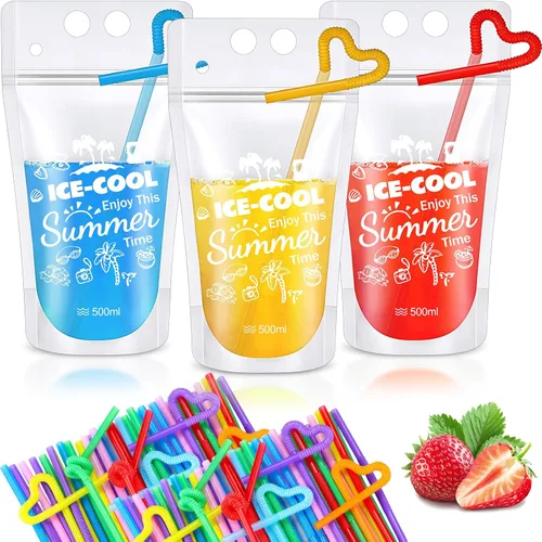 Miniatura 7 de Sieral - 200 bolsas transparentes para bebidas con pajitas para adultos, 16 oz, con cierre resellable, cremallera, de pie, bolsas de jugo