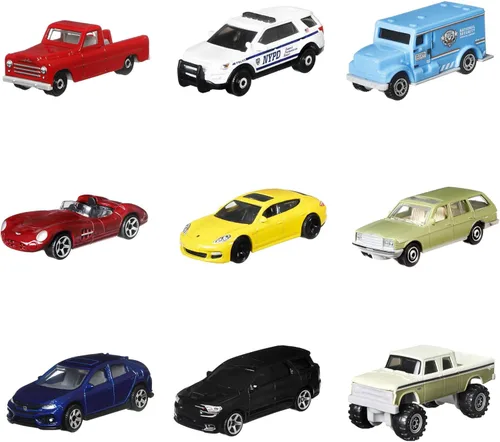 Miniatura 3 de Matchbox Paquete de 9 autos de juguete fundidos a presión a escala 1:64, camiones de construcción o basura, vehículos de rescate o aviones