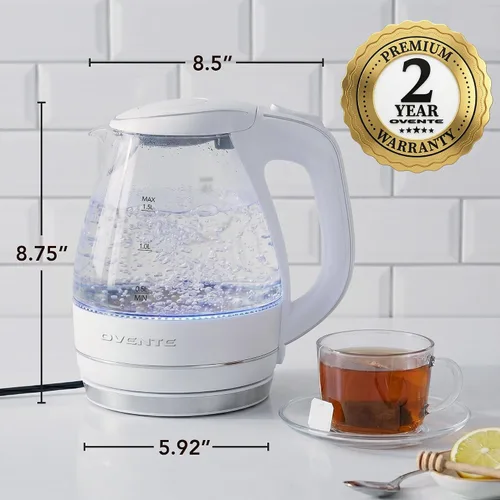 Miniatura 6 de OVENTE Hervidor eléctrico, calentador de agua y hervidor de vidrio borosilicato de 1.5L para encimera para café o té, sin BPA, apagado automático