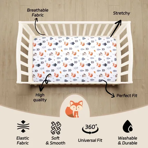 Miniatura 5 de Juego de 4 sábanas ajustables unisex para cuna de bebé, diseño de animales del bosque del bosque, de madera, neutro, para bebés, niños o niñas