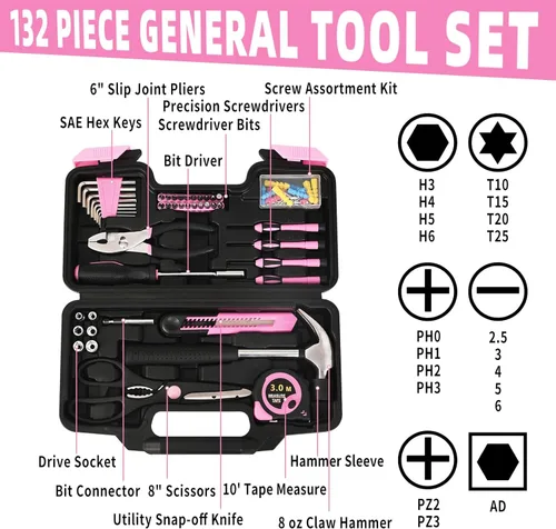 Miniatura 3 de Juego de herramientas para el hogar de 132 piezas, color rosa, kit de herramientas manuales para el hogar con caja de herramientas de plástico, Rosa