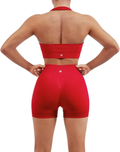 SUUKSESS Conjunto de entrenamiento acanalado sin costuras para mujer, sujetador deportivo sin espalda, pantalón corto de motociclista