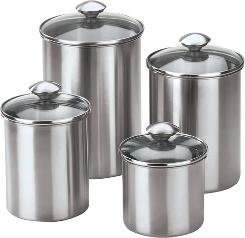 nu steel Juego de recipientes de 4 piezas S/Steel Recipiente de almacenamiento de alimentos con tapas de vidrio templado para encimera de cocina,