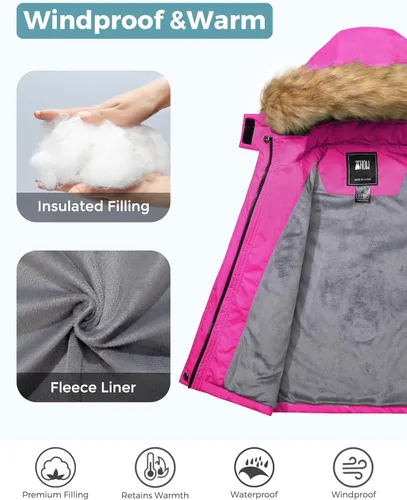 Miniatura 4 de ZSHOW Chaqueta de esquí impermeable para niñas, abrigo de invierno con forro polar cálido acolchado grueso