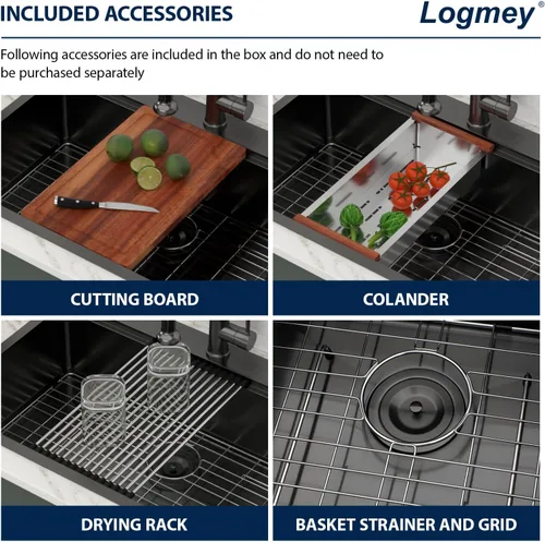 Miniatura 4 de Logmey Fregadero de cocina negro 33x22 empotrable, estación de trabajo de fregadero de cocina, SUS304 calibre 16 acero inoxidable, tazón individual