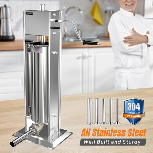 Miniatura 3 de ROVSUN Embutidora de salchichas manual de 15 lb/7 l, máquina de salchichas vertical de dos velocidades de acero inoxidable, máquina de relleno