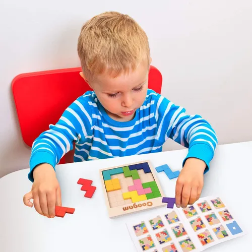 Miniatura 6 de Coogam Rompecabezas de madera con patrón de bloques de cerebro juego con 60 desafíos, juguete de construcción ruso 3D de madera en forma de tangram