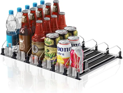 Miniatura 17 de Organizador de Bebidas para Refrigerador, 12oz 16oz 20oz - Dispensador de Latas de Refresco para Refrigerador, Ancho Ajustable, Deslizador Negro