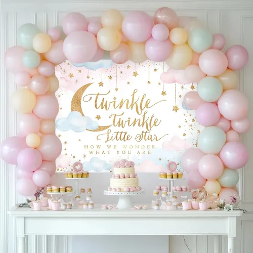 Miniatura 3 de Mocsicka Twinkle Twinkle Little Star Telón de Fondo 7x5ft Revelación de Género Niño o Niña Decoraciones de Fondo para Fiesta Rosa y Azul Nube Luna