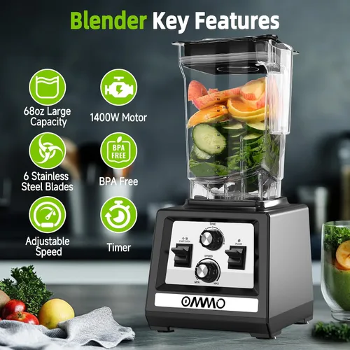 Miniatura 2 de OMMO Licuadora para batidos: Licuadoras de pico de 1800 W para cocina, jarra sin BPA de 68 onzas, temporizador y control de velocidad, 6 cuchillas