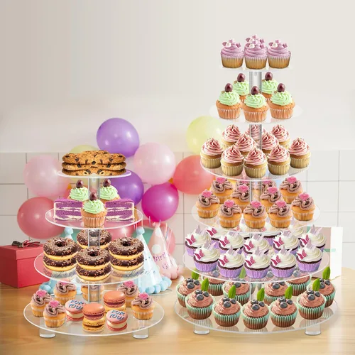 Miniatura 2 de YestBuy Soporte redondo de acrílico para cupcakes de 4 niveles con base, soporte premium para cupcakes, torre de exhibición de cupcakes de acrílico