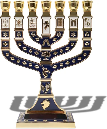 Miniatura 5 de Menorá de Esmalte Azul de Jerusalén de 7 Ramas, 10.8" de alto, con 12 Tribus de Israel, Portavelas (27.4 cm)