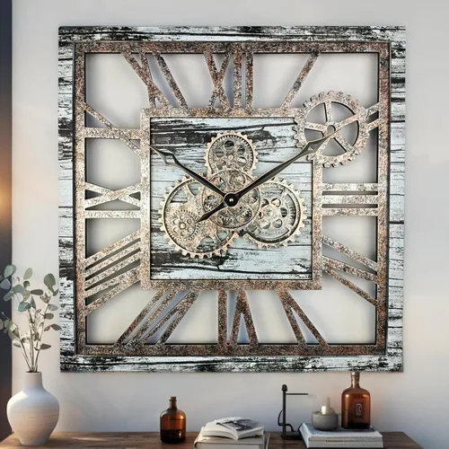 ImprovingLife The Gears Clock - Reloj de pared cuadrado con engranaje móvil real de 24 pulgadas, estilo vintage, industrial, de gran tamaño, Gris y