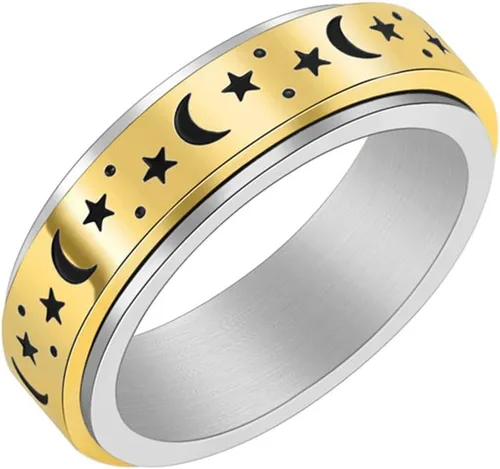 Caiyao Anillo giratorio de acero inoxidable para mujeres y hombres, anillo giratorio con patrón de pentagrama y luna, antiestrés, alivio de la