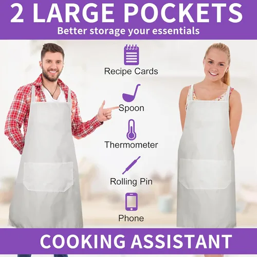 Miniatura 6 de Paquete de 12 delantales con peto, delantales unisex lisos, delantales blancos a granel con 2 bolsillos para adultos, cocina y pintura, lavable a