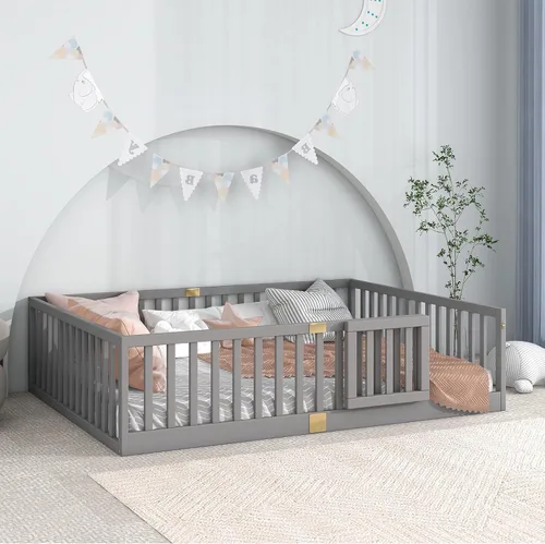 Miniatura 17 de Tatub Cama Montessori de suelo individual con rieles altos, marco de cama Montessori de madera maciza para niños, la puerta se puede instalar a Gris