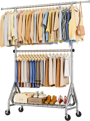 Miniatura 15 de Perchero de Ropa Resistente, Perchero de Ropa de Metal con Capacidad de 450 Libras, Percheros Rodantes para Colgar Ropa con Ruedas Bloqueables