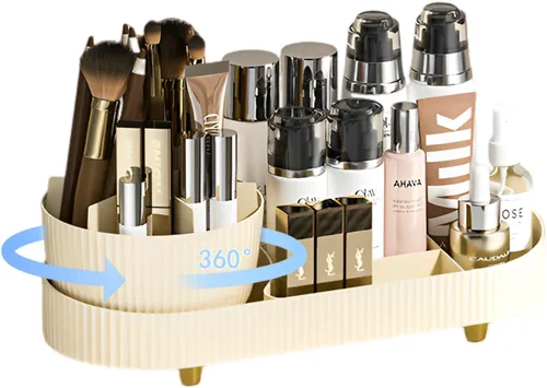 Organizador de maquillaje giratorio para tocador con soporte para pinceles, almacenamiento de maquillaje cosmético, vitrinas de lociones,