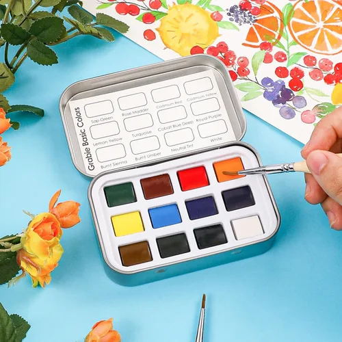 Miniatura 6 de Grabie Juego de 12 acuarelas de bolsillo, juego de pintura de acuarela de viaje, pinturas de acuarela, suministros de arte para pintura, gran juego