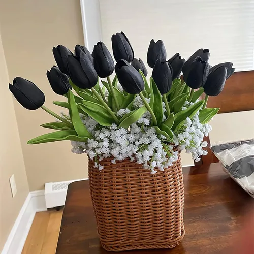 Miniatura 5 de UKELER 24 piezas de flores negras de tulipán, flores artificiales de poliuretano de tacto real para decoración del hogar, centros de mesa, arreglo