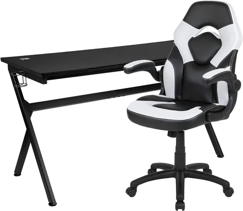 Miniatura 82 de Flash Furniture Juego de escritorio para juegos negro y silla de carreras blanco/negro con soporte para tazas, gancho para auriculares y soporte