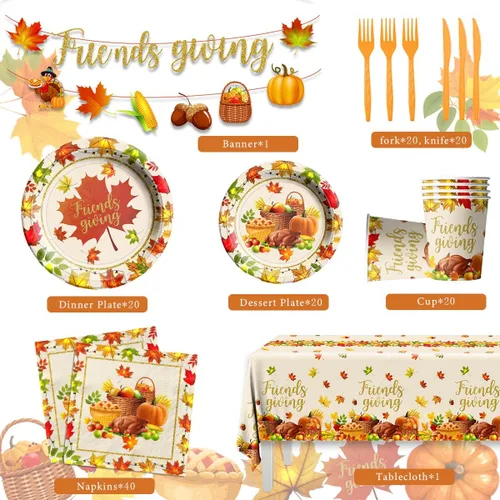 Miniatura 2 de Decoraciones de fiesta de Acción de Gracias para amigos, 142 piezas de vajilla de otoño incluye platos de papel, mantel, tazas. Decoraciones