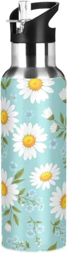Stainless Steel Water Bottle 20 Oz, BPA-Free Sports Water Bottle with Straw for Gym Outdoor Travel School, Daisies Yellow Blue Flowers