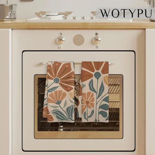 Miniatura 3 de Groovy - Juego de 2 toallas de cocina vintage bohemias, florales naranjas y verdes, estilo retro de los años 70, diseño botánico botánico
