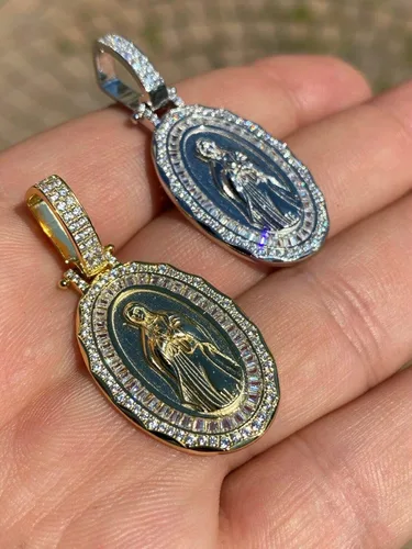 Miniatura 6 de Harlembling Plata de ley 925 maciza acabado de plata natural o oro de 14 quilates colgante de Virgen María para hombres o mujeres medallón