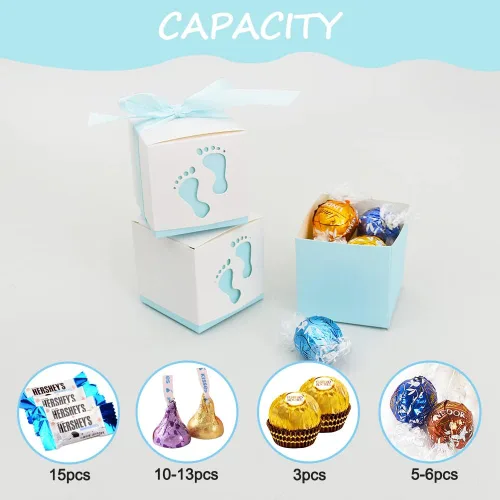 Miniatura 4 de BEISHIDA Cajas de regalo para baby shower, cajas de dulces con huellas azules con cintas para fiesta de revelación de género de bebés y niños